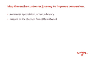 ‣ awareness, appreciation, action, advocacy
‣ mapped on the channels Earned/Paid/Owned
Map the entire customer journey to ...